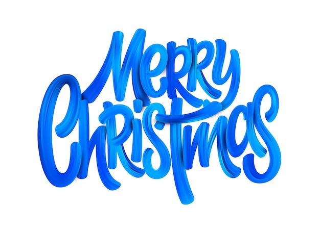 Merry Christmas acrylic paint brush lettering. Oil paint calligaraphic decoration. Christmas blue acrylic brushstrokes. Xmas paint lettering. Banner, poster 3d design element. Color isolated vector