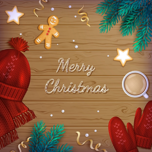 Merry Christmas Background. Winter Elements branches, hat, scarf, mittens, cookies