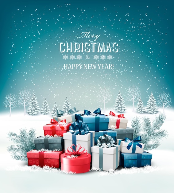 Merry Christmas Background with branches of tree and colorful gift boxes. Vector