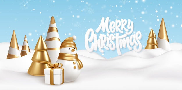 Merry Christmas background with snow drifts landscape, snowman, gift and Christmas trees. Gold and white Christmas decorations. Vector illustration EPS10