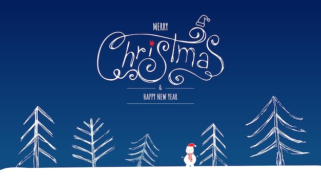 Merry Christmas banner or card. Happy new year Template with white christmas trees, snowman