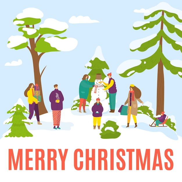 Merry christmas banner cartoon winter holiday for people vector illustration cold season celebration