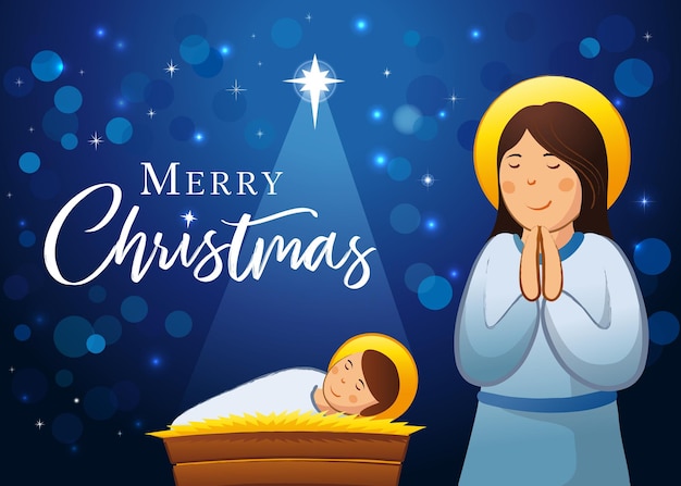 Merry Christmas banner. Nativity scene with Jesus in manger and Mother Mary. Bible story image