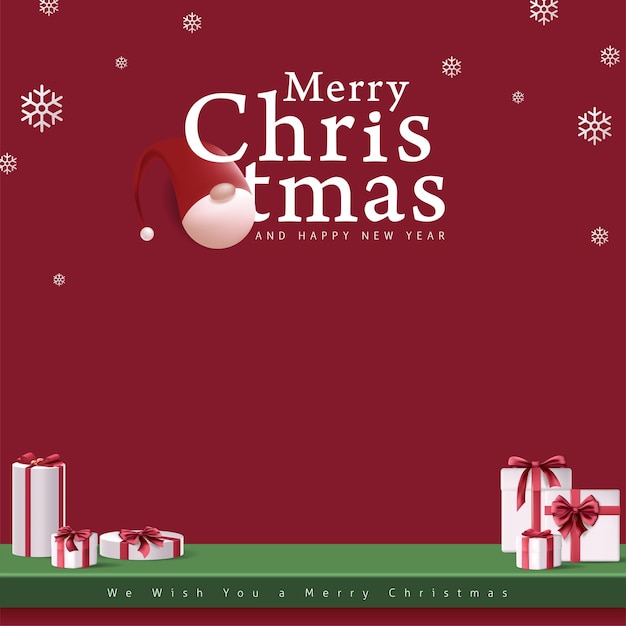 Merry Christmas banner studio table room product display with copy space and gift box decoration