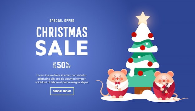 Merry Christmas banner with cute rats with gifts and pine tree 