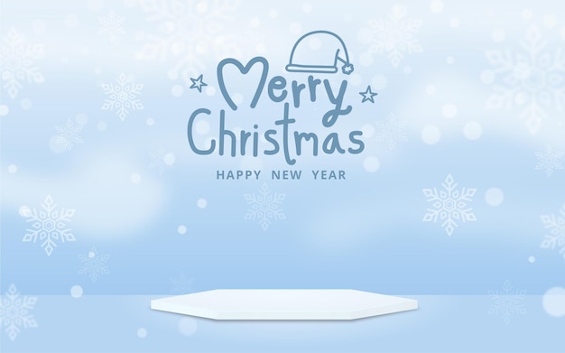 Merry christmas banner with podium and christmas tree background