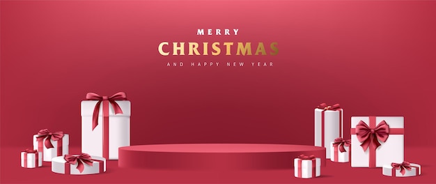 Merry Christmas banner with product display cylindrical shape and gift box red bow decoration red background