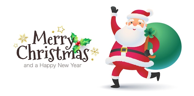 Merry Christmas banner with Santa Claus and Christmas calligraphy on white background