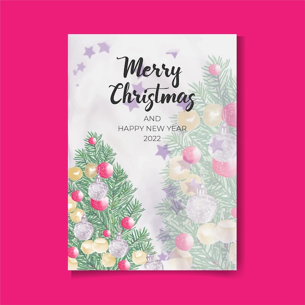 merry Christmas beautiful watercolor invitation with leaves tree ball and