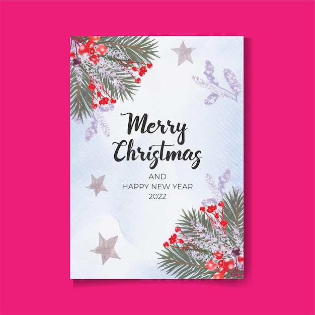 merry Christmas beautiful watercolor invitation with leaves tree ball and