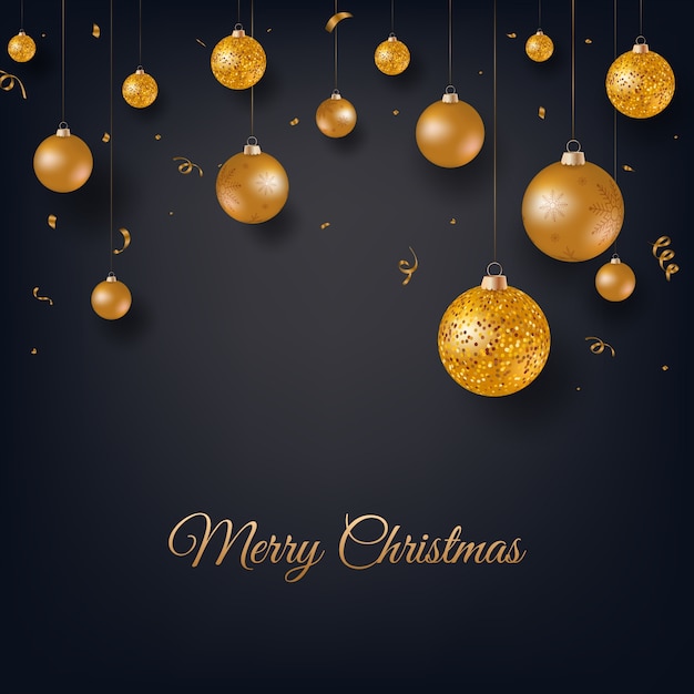 Merry Christmas black background with gold Christmas balls