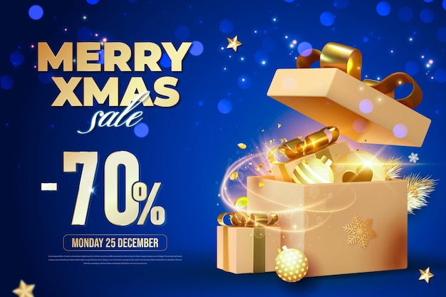 Merry Christmas Blue Banner With Gift Box And Christmas Decoration Elements