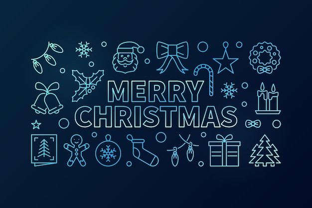 Merry Christmas blue vector line banner or illustration on dark background