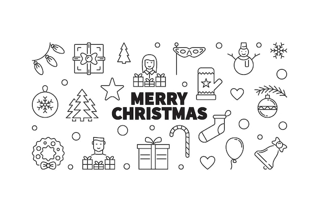 Merry Christmas blue vector line banner or illustration on dark background