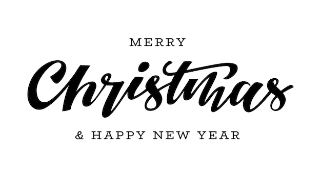 Merry Christmas brush lettering New Year hand drawn ink pen calligraphy isolated on white Typography template for winter holiday greeting card print overlay banner poster flyer Xmas postcard