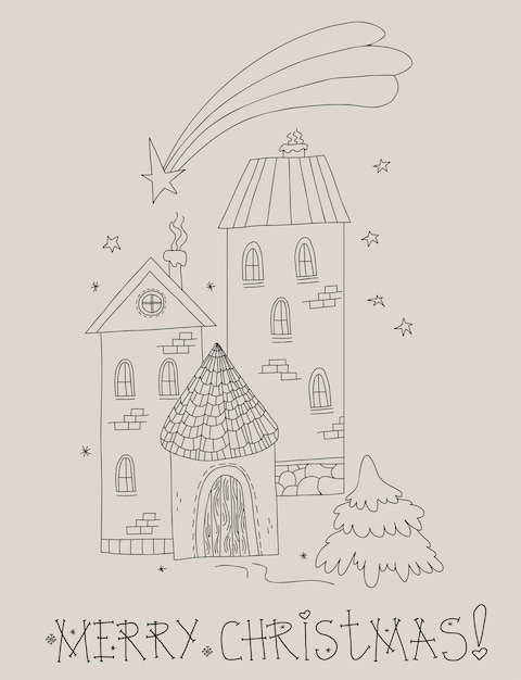 Merry Christmas card cute New Years Houses tree and Bethlehem star Linear hand drawing outline