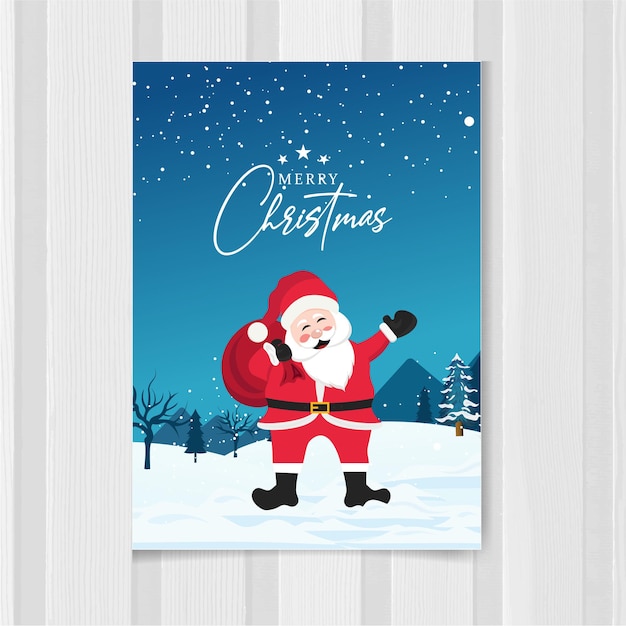 Merry christmas card design santa claus with Christmas tree and moon