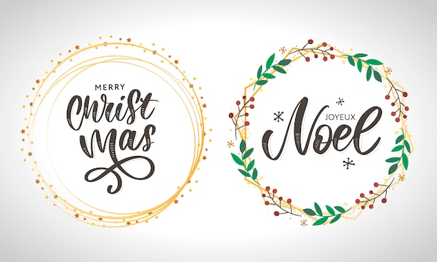 Merry Christmas card template with greetings in french language. 