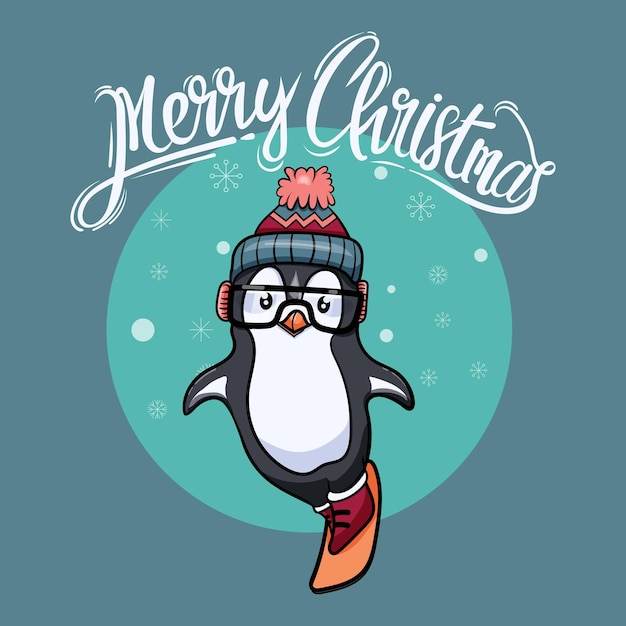 Merry christmas card with cute penguin