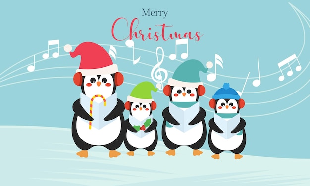 Merry christmas card with cute winter penguins vector illustration