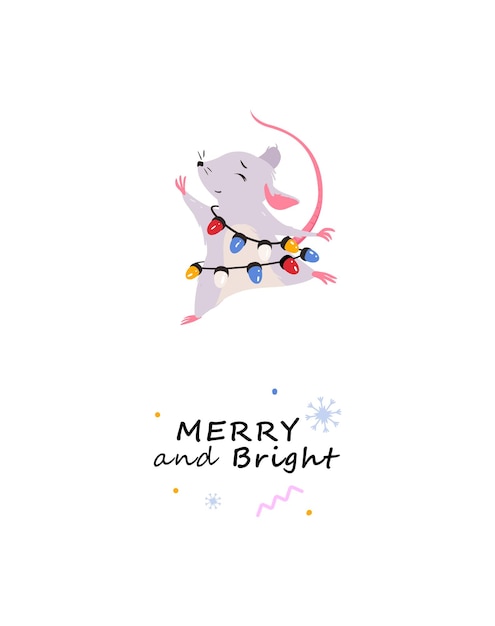 Merry Christmas card with dancing mouse Mouse character with holiday Christmas lights