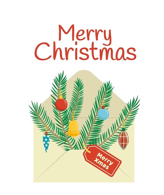 Merry Christmas card with envelope Fir tree with festive ornaments Mail Cartoon vector