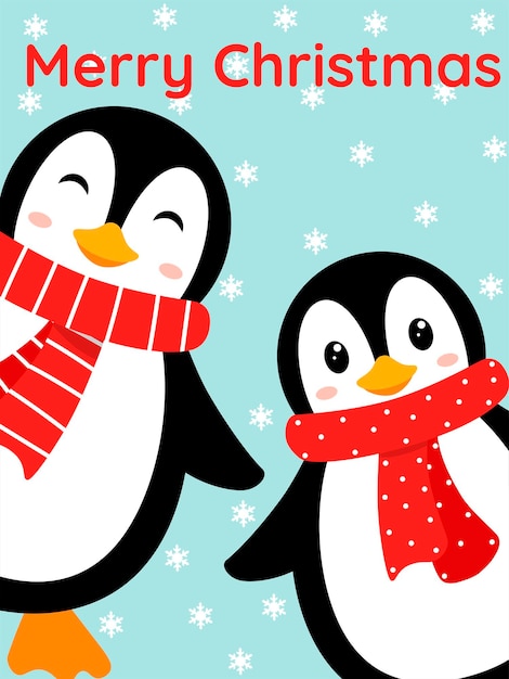 Merry Christmas card with funny penguins on a winter background Vector illustration