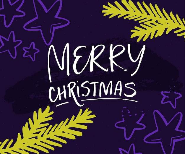 Merry Christmas card with hand lettering and christmas tree branches Green twigs stars on violet