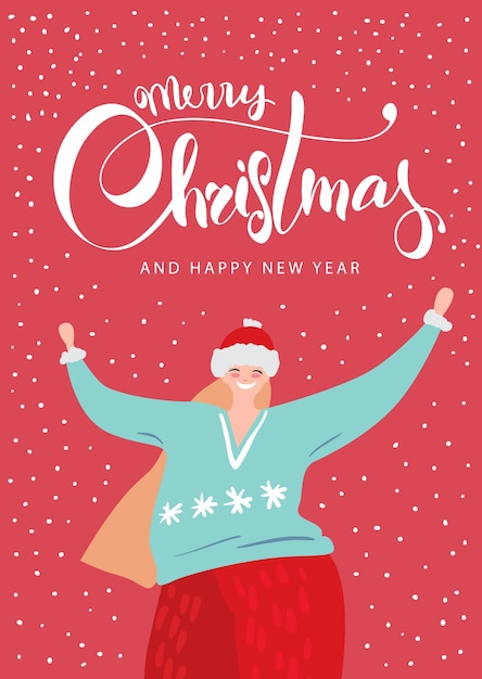 Merry Christmas card with happy woman in winter suit