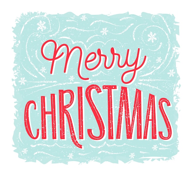 Merry Christmas card with lettering at blue frosty background. Vector vintage banner design.