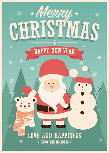 Merry Christmas card with Santa Claus, snowman and reindeer