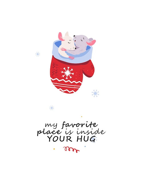 Merry Christmas card with sleeping mice pair Mouse character with holiday Christmas lettering