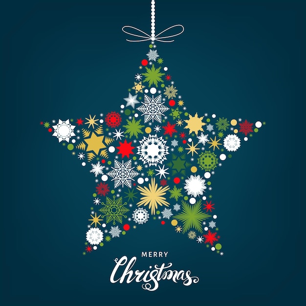 Merry Christmas  card with  star with gold, red and white snowflakes on blue background. Vector illustration with xmas tree decoration.