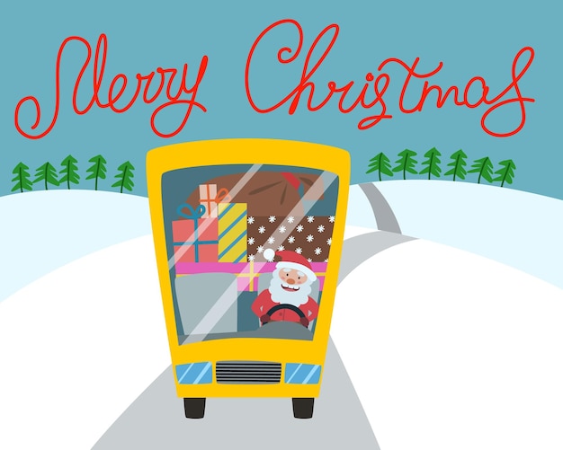 Merry Christmas card A yellow Christmas bus with Santa a tree and gifts is driving along the road