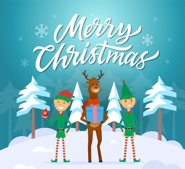 Merry Christmas - cartoon characters illustration with calligraphy text on blue snowy background. Two smiling elves standing with cheerful reindeer. Perfect as a greeting card, invitation, poster