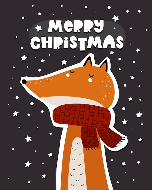 Merry Christmas. Cartoon fox, hand drawing lettering, decor elements