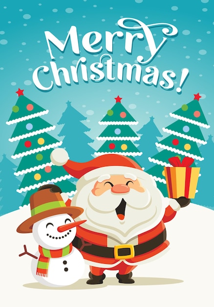 Merry Christmas cartoon santa claus holding christmas gift with snowman in snowflakes scenery