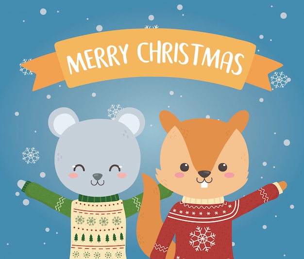 Merry christmas celebration bear and squirrel with ugly sweater