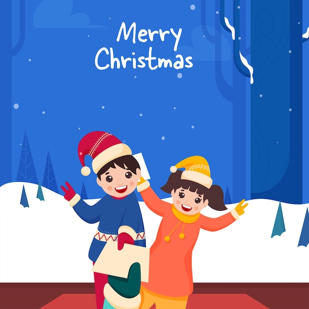 Merry Christmas Celebration Concept With Cheerful Kids Holding Envelope And Xmas Tree On Snowy Blue Background