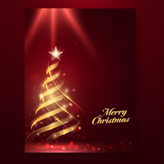 Merry Christmas Celebration Concept With Golden Spiral Xmas Tree And Lights Effect On Red Background