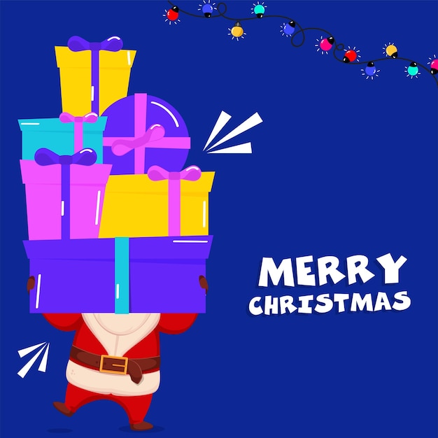 Merry Christmas Celebration Concept With Santa Claus Holding Gift Boxes Lighting Garland On Blue Background