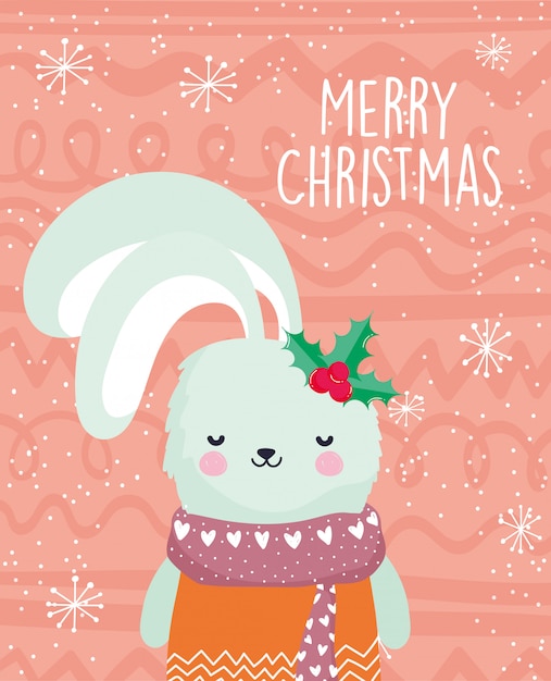 Merry christmas celebration cute rabbit with scarf and holly berry