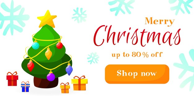 Merry Christmas celebration sale banner template Colorful winter holiday illustration with christmas tree and gift boxes Marketing offer concept