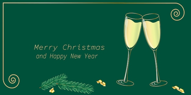 Merry Christmas champagne glasses Christmas tree branches on green background