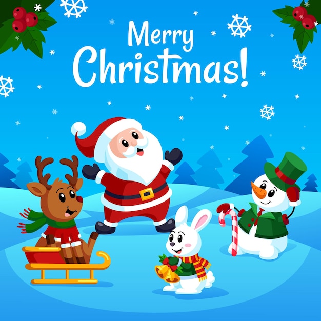 Merry christmas characters poster Animals and santa snow meadow in forest Cute cartoon snowman deer and rabbit New year childish garish vector banner