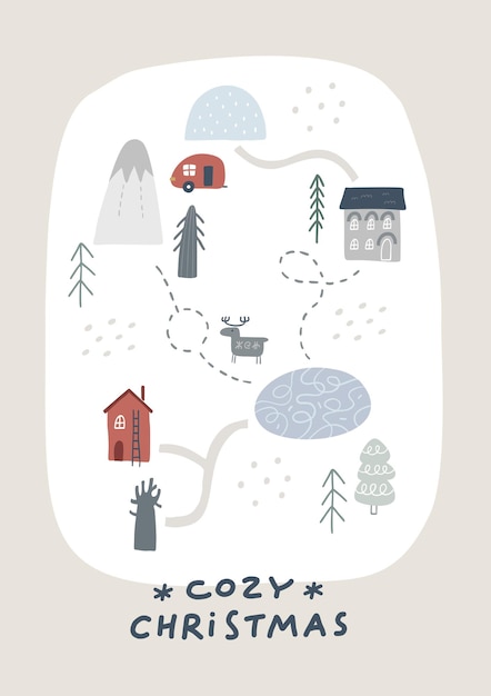 Merry Christmas. Christmas card. Hand drawn illustration in cartoon style