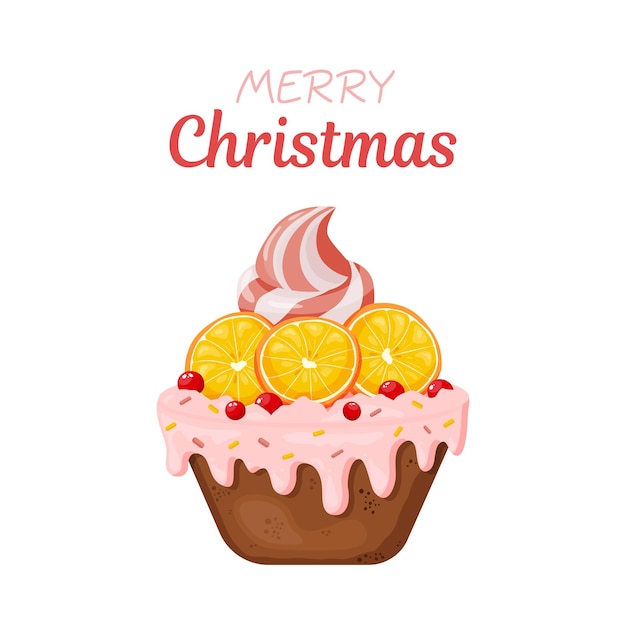 Merry Christmas Christmas cupcake with cream berries orange and decorations