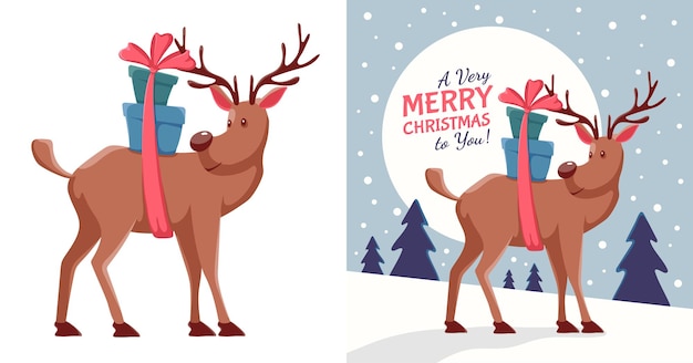 Merry Christmas. Christmas deer. Illustration on a background with winter landscape.