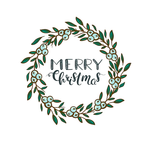 Merry Christmas Christmas wreath with green leaves and white berries Christmas greeting card