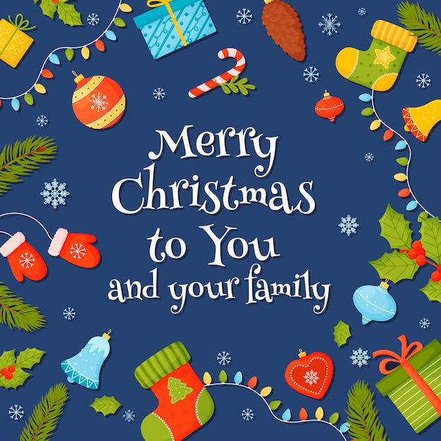 Merry Christmas. Colorful Christmas decorations and the inscription on a blue background.